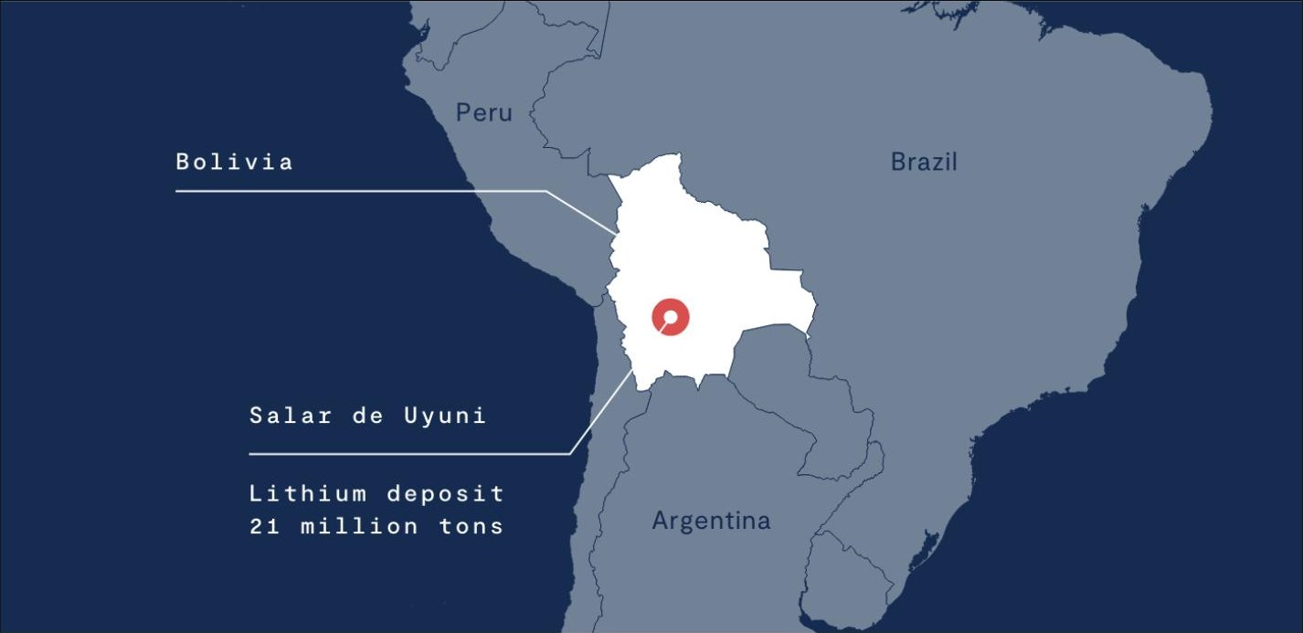 Map of South America highlighting Bolivia and the Salar de Uyuni lithium deposit of 21 million tons