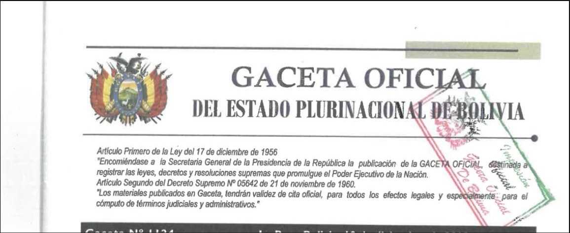 Header of the Gaceta Oficial del Estado Plurinacional de Bolivia